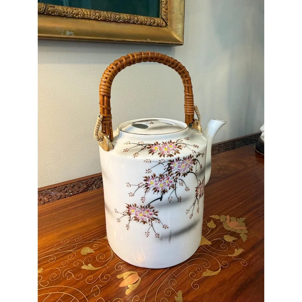 Vintage Cherry Blossom Teapot with Rattan Handle • Porcelain Floral Tea Pot‎